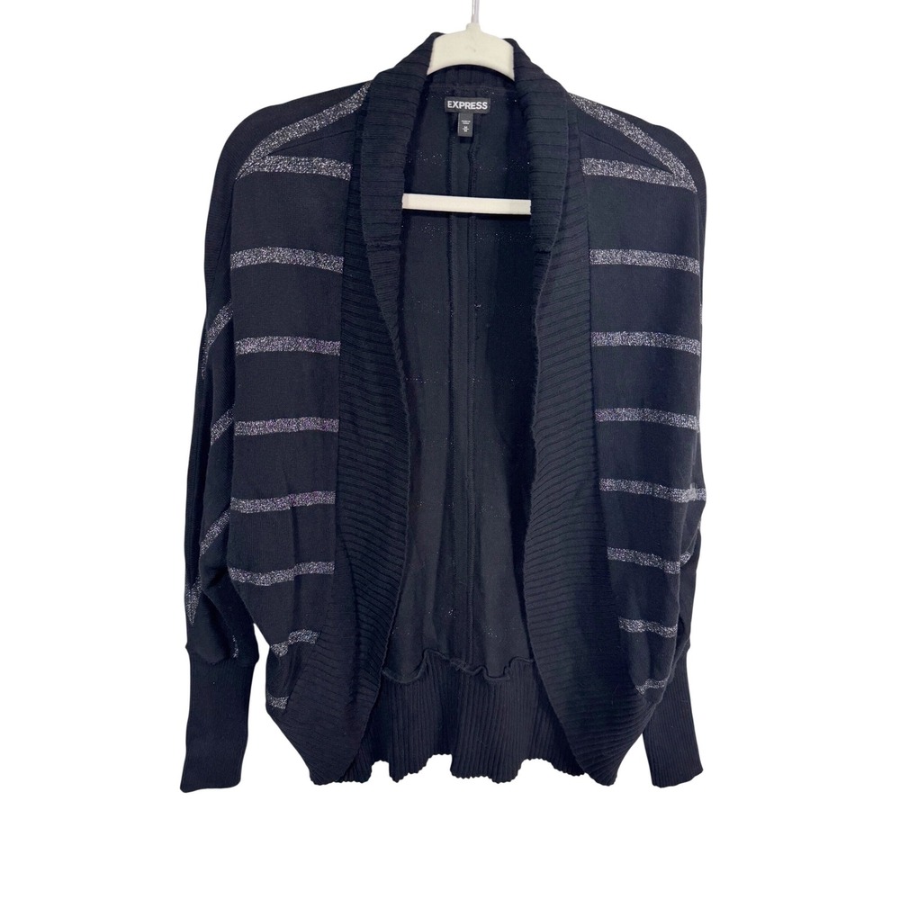 Express M‎ Black Cardigan Women's Silver Metallic Striped Open Front Batwing